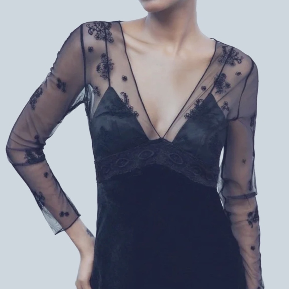 Black Velvet Trim Dress from Zara in size XS, sheer long sleeves and neckline